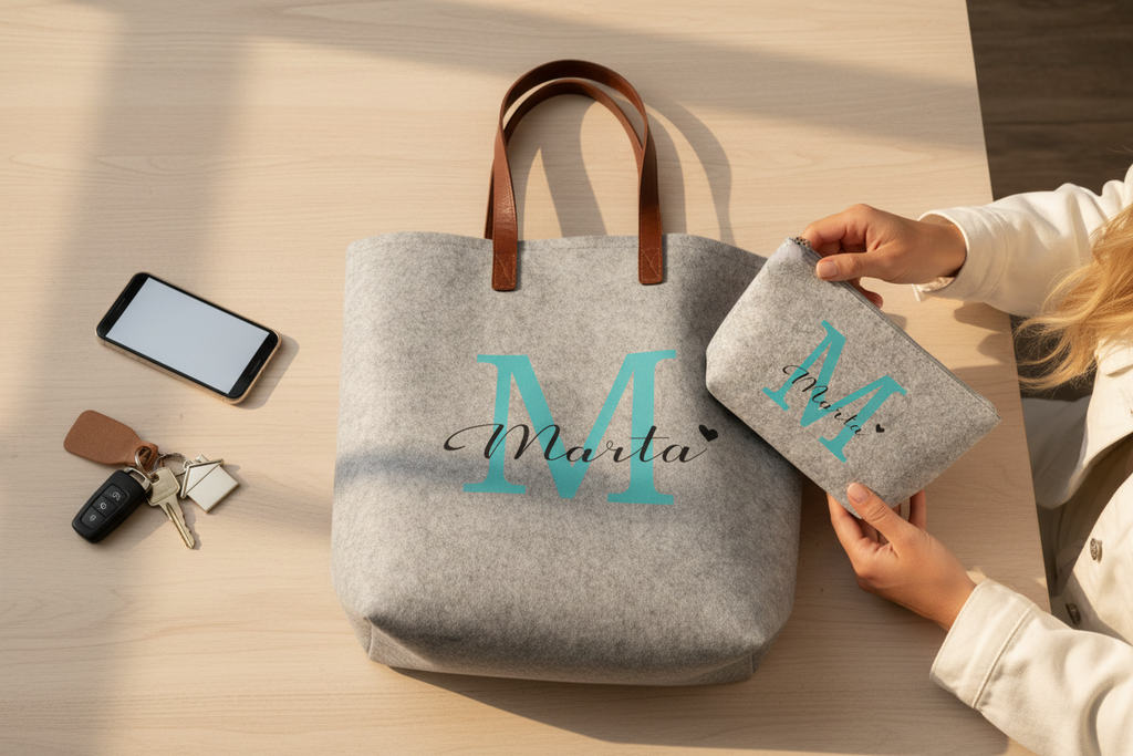 Bolso y neceser personalizados en mesa con modelo
