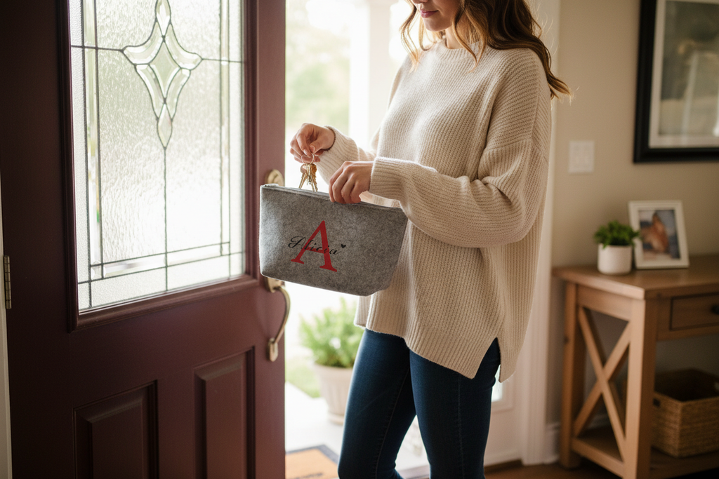 Chica sola saliendo de casa con neceser y llaves