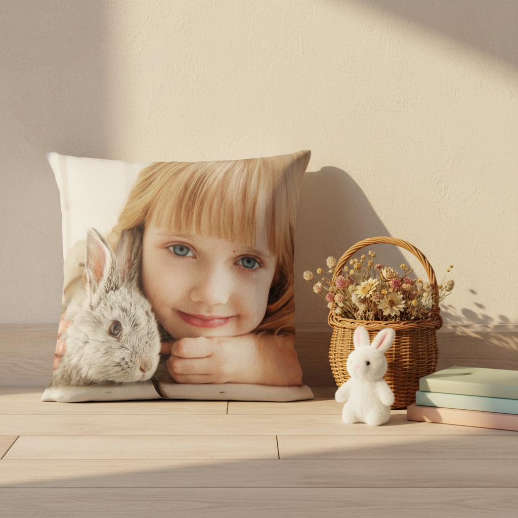 Cojín niña conejito de frente con detalles
