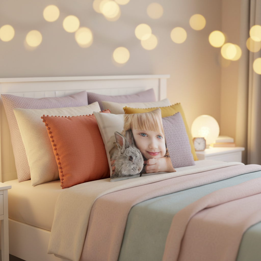 Cojín niña conejito en cama infantil