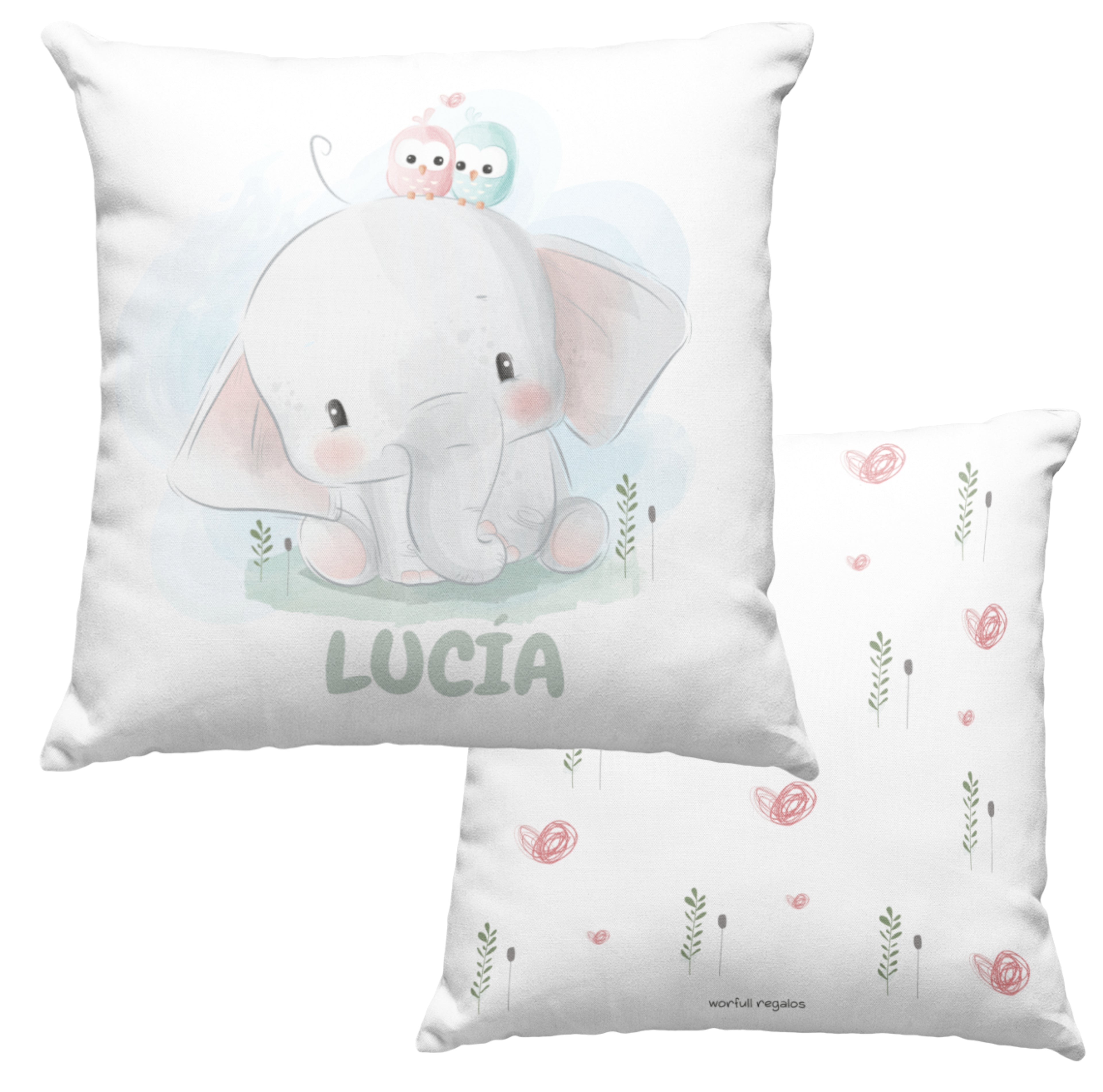 Cojín Personalizado con Nombre | Vuelta al Cole | Dibujo Elefante | Hecho en España