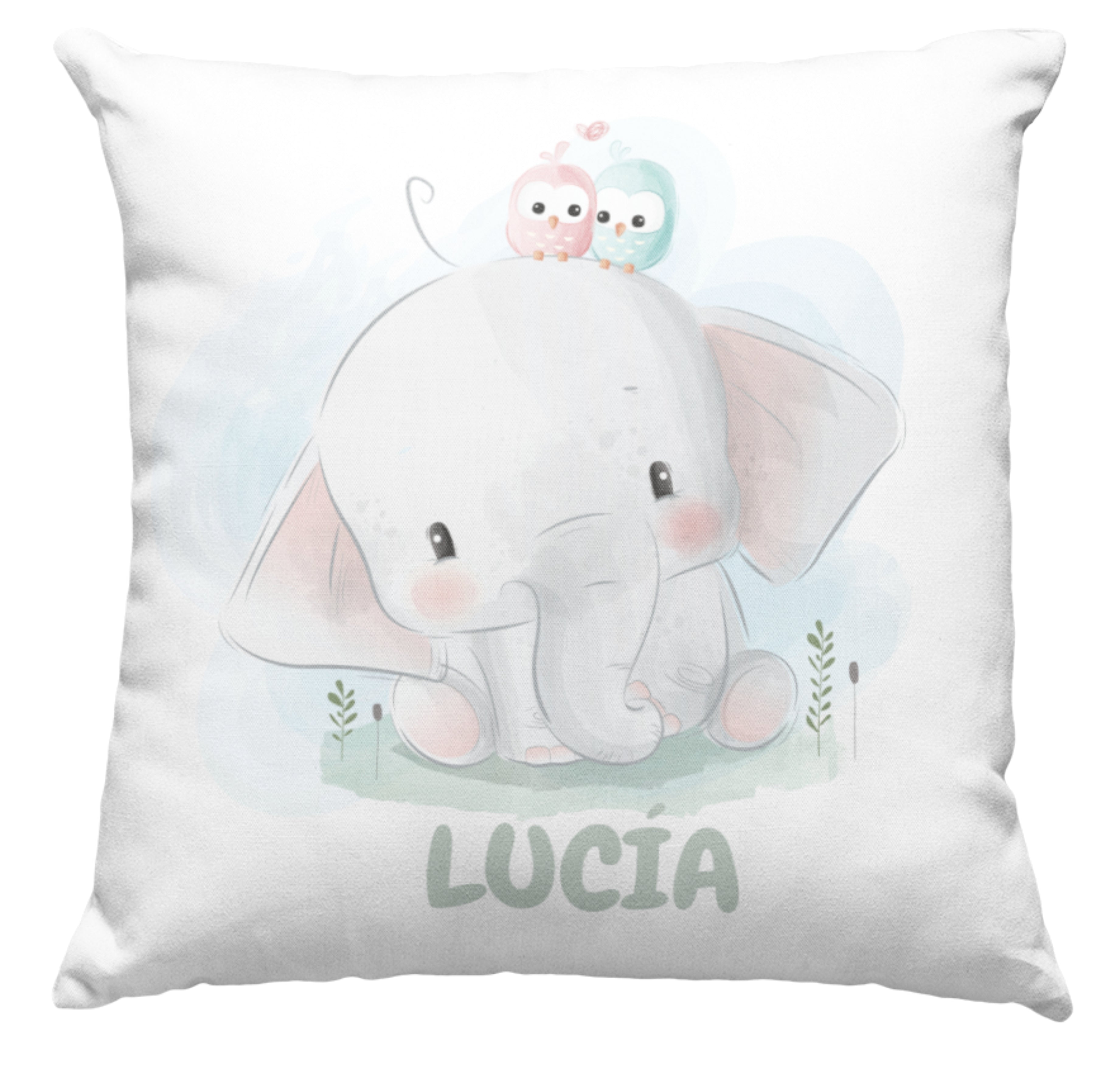 Cojín Personalizado con Nombre | Vuelta al Cole | Dibujo Elefante | Hecho en España