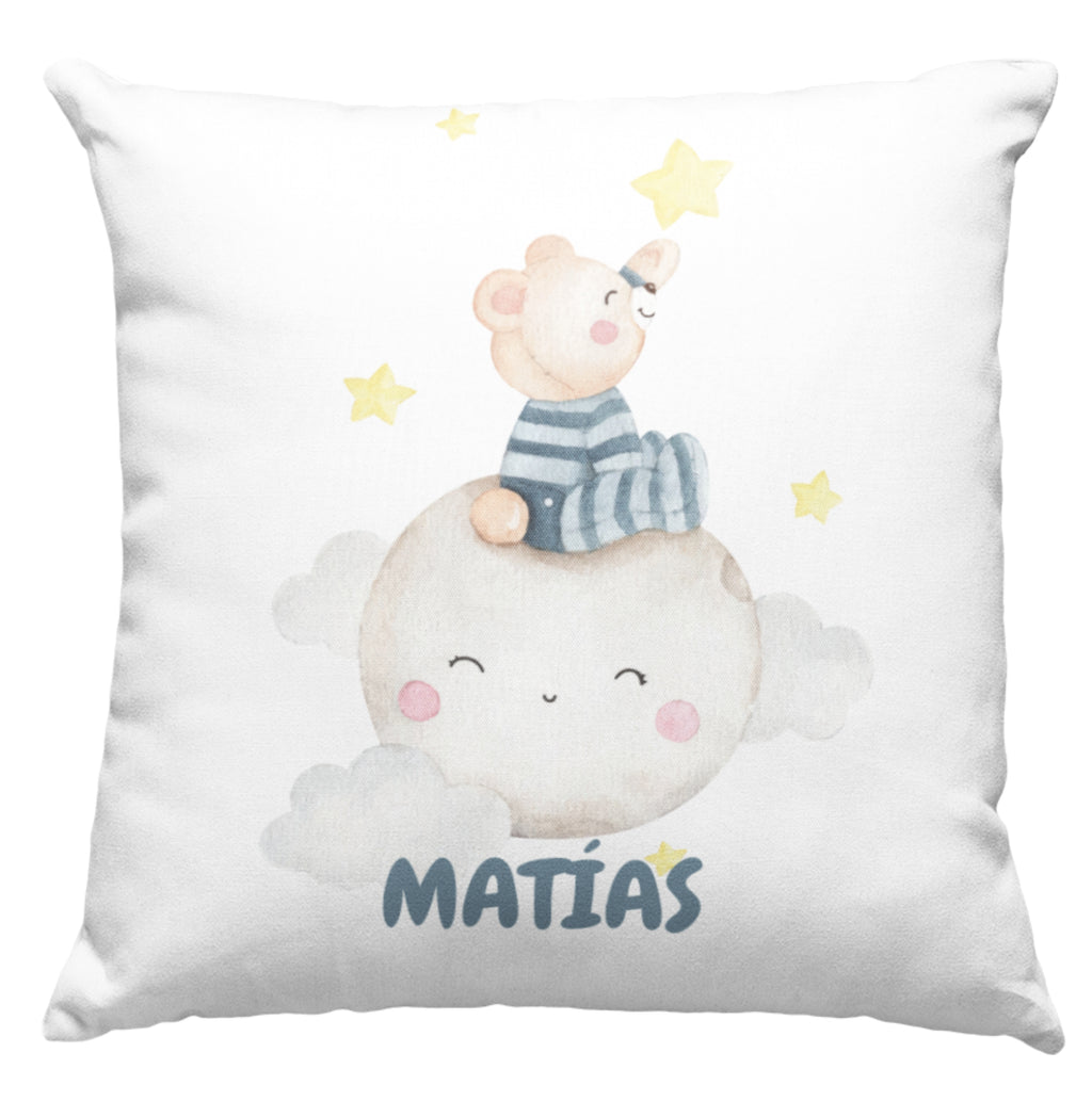 Cojín Personalizado con Nombre | Vuelta al Cole | Dibujo Osito-Luna | Hecho en España