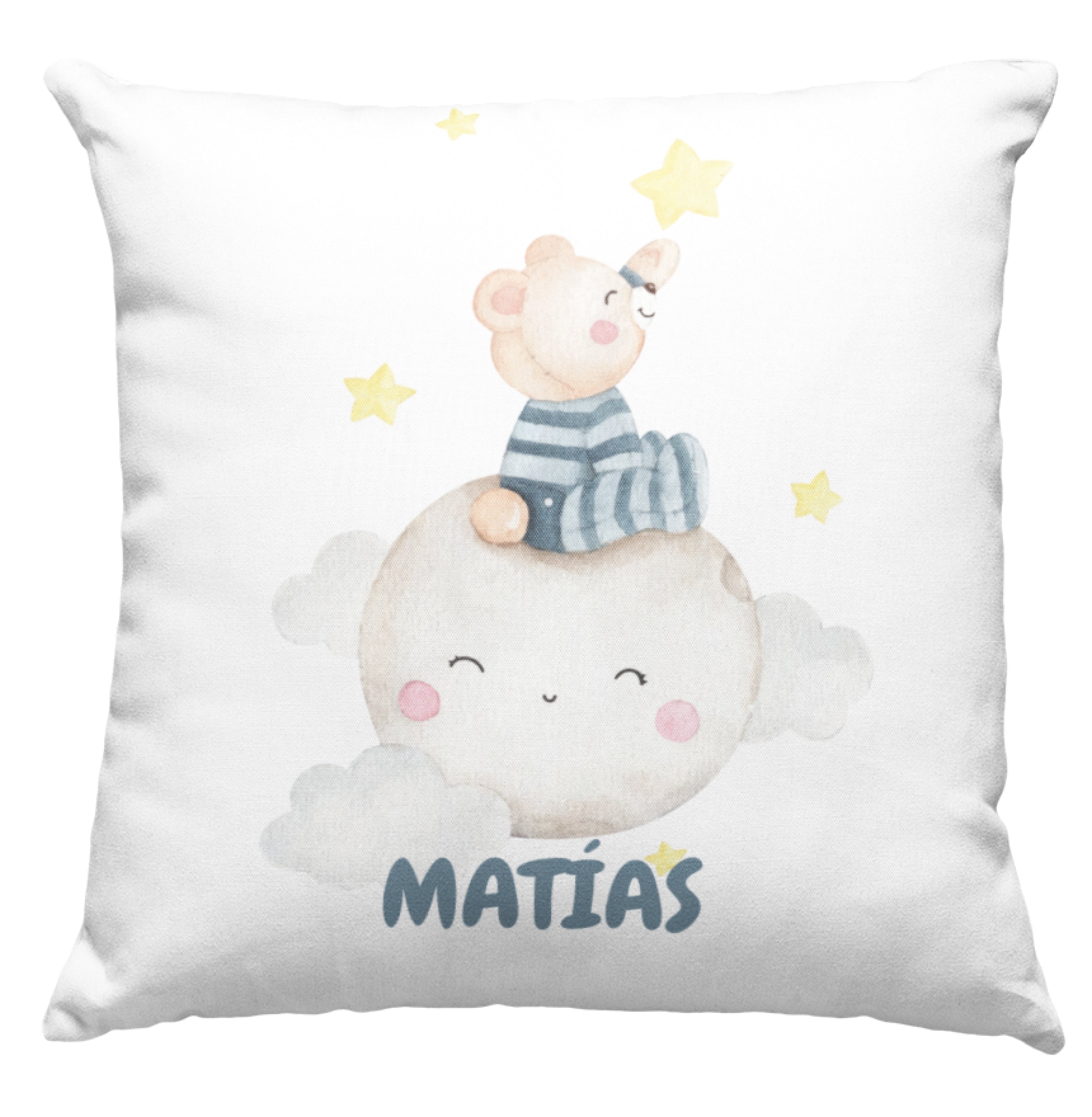 Cojín Personalizado con Nombre | Vuelta al Cole | Dibujo Osito-Luna | Hecho en España