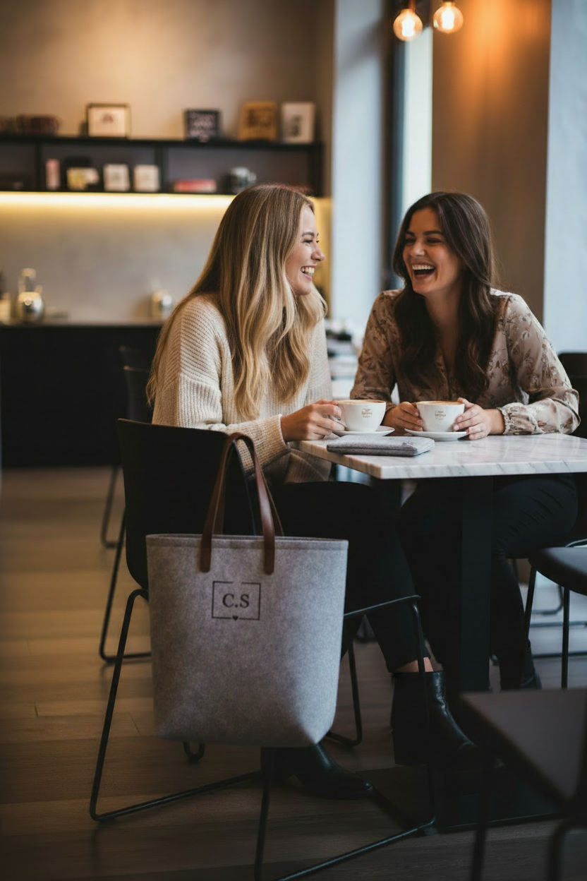 Dos amigas en café con estilo y bolso personalizado C.S colgado en silla