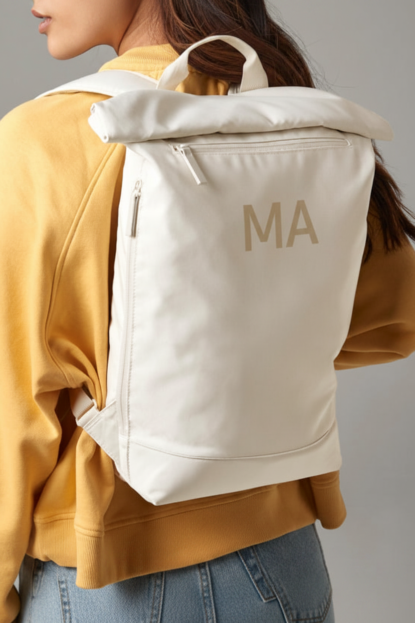 Mochila con iniciales MA sublimadas en beige