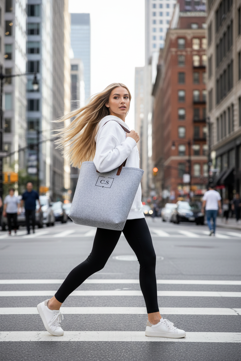 Modelo cruzando avenida con bolso C.S