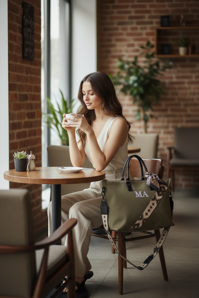 Modelo en cafetería con bolso kaki