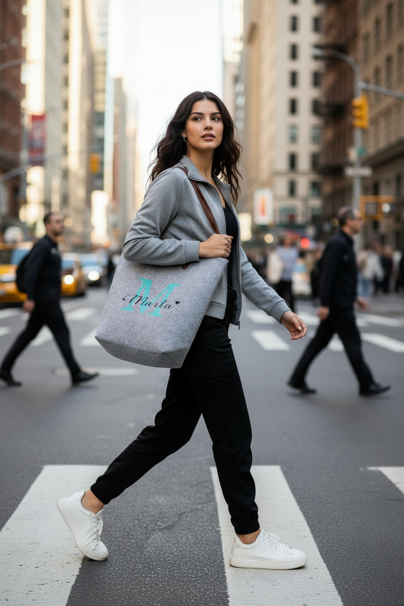 Modelo pelo largo sport cruzando avenida con bolso Marta